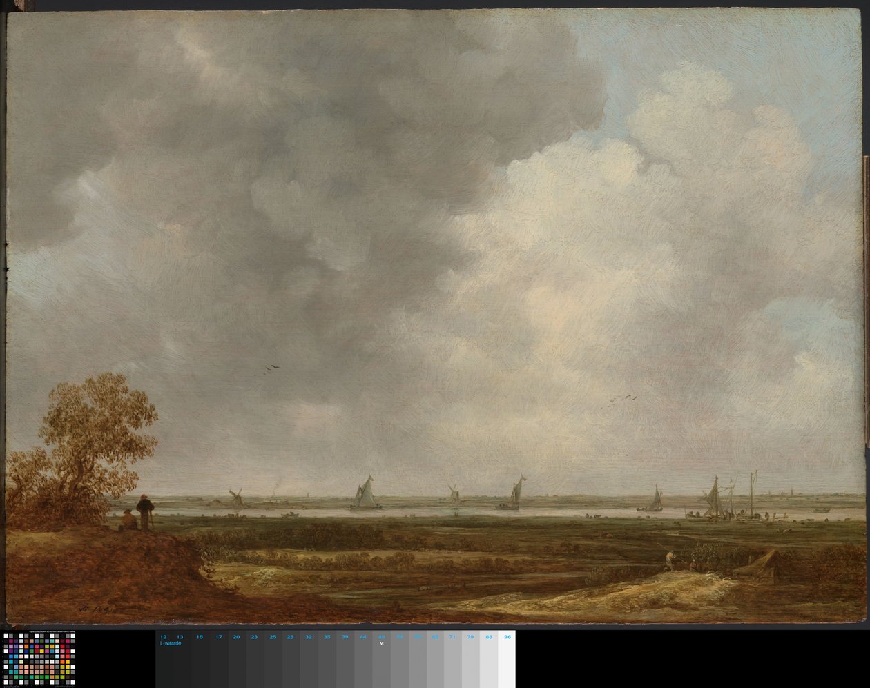 Panorámás kilátás a folyóra alacsonyan fekvő rétekkel alkotó: Jan van Goyen