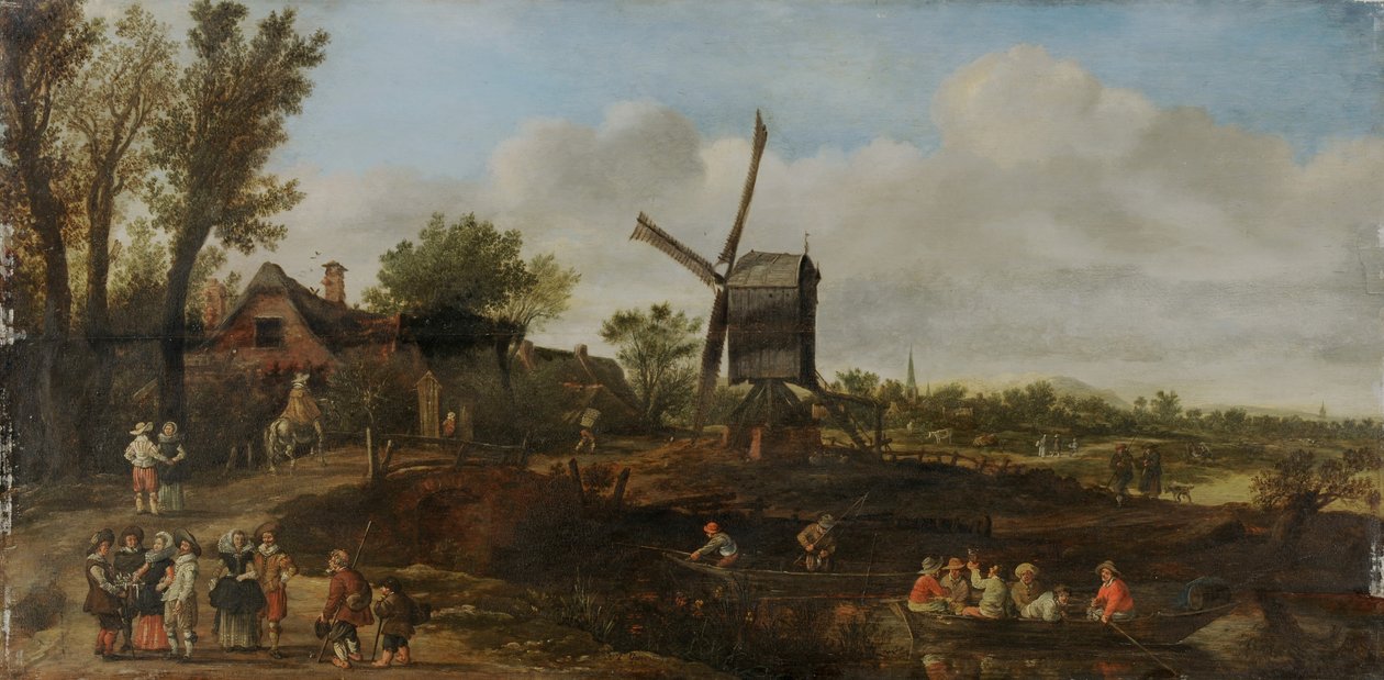 Folyami tájkép szélmalommal és csónakokkal alkotó: Jan van Goyen