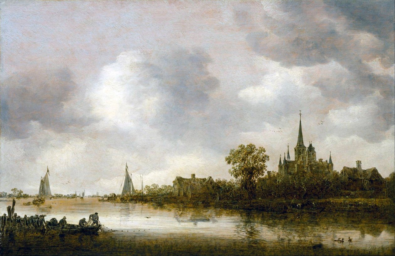 Folyami tájkép egy templommal a távolban alkotó: Jan van Goyen