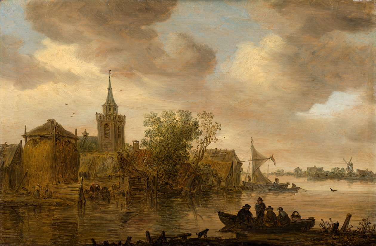 Kilátás a folyóra, templommal és parasztházzal alkotó: Jan van Goyen