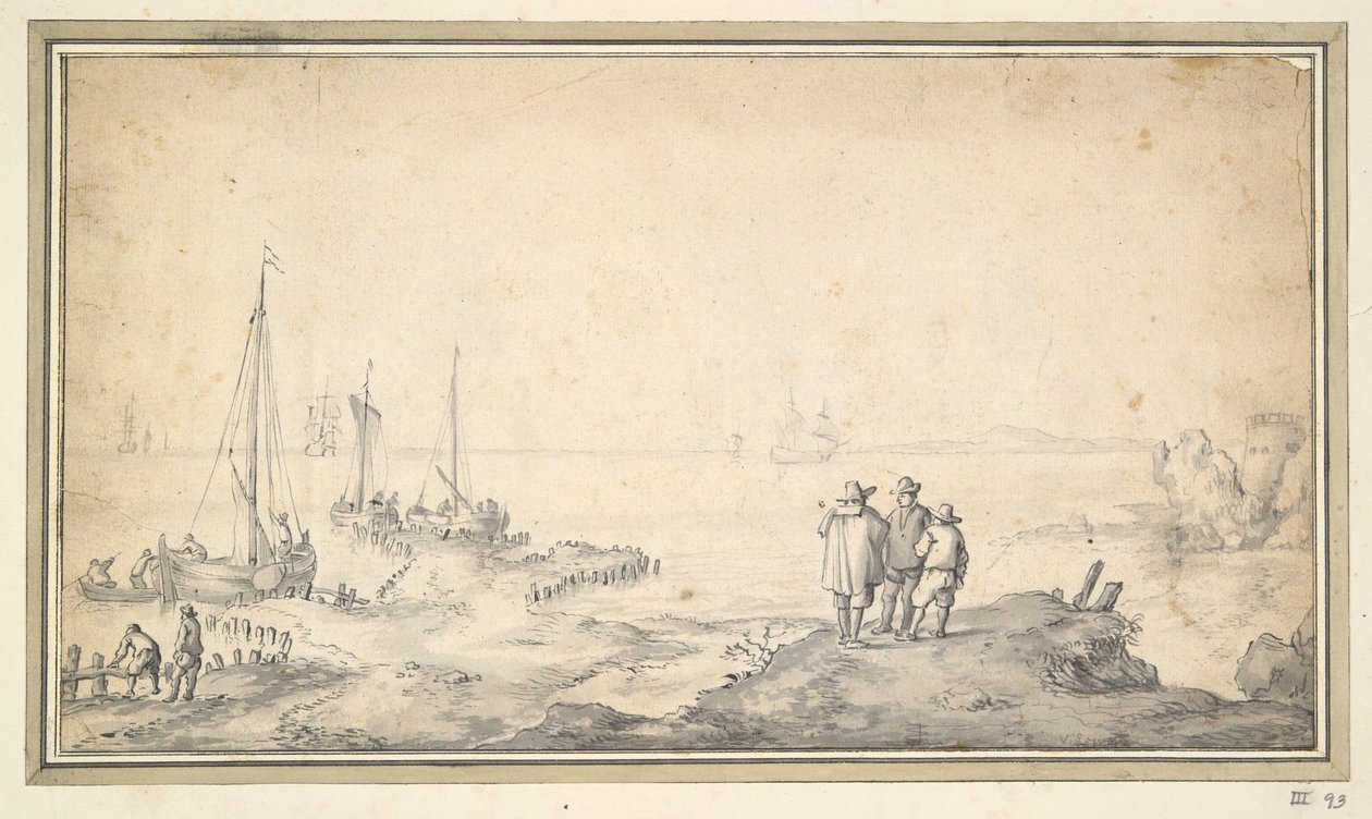 Három figura egy dűnén, kilátással az öbölre hajókkal alkotó: Jan van Goyen