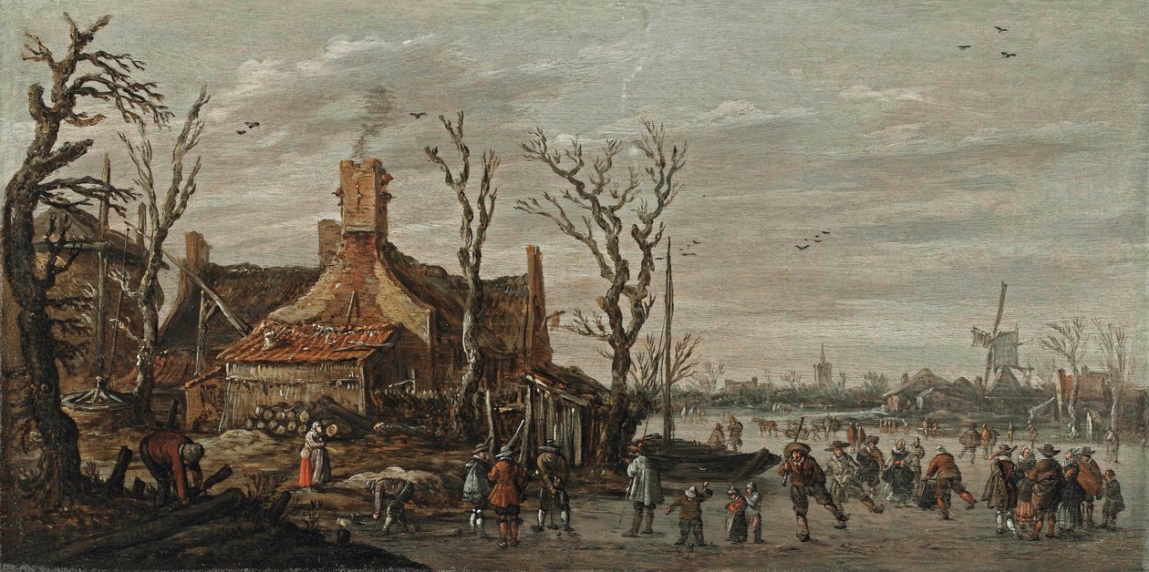 Téli táj, figurák a jégen egy házikó közelében alkotó: Jan van Goyen