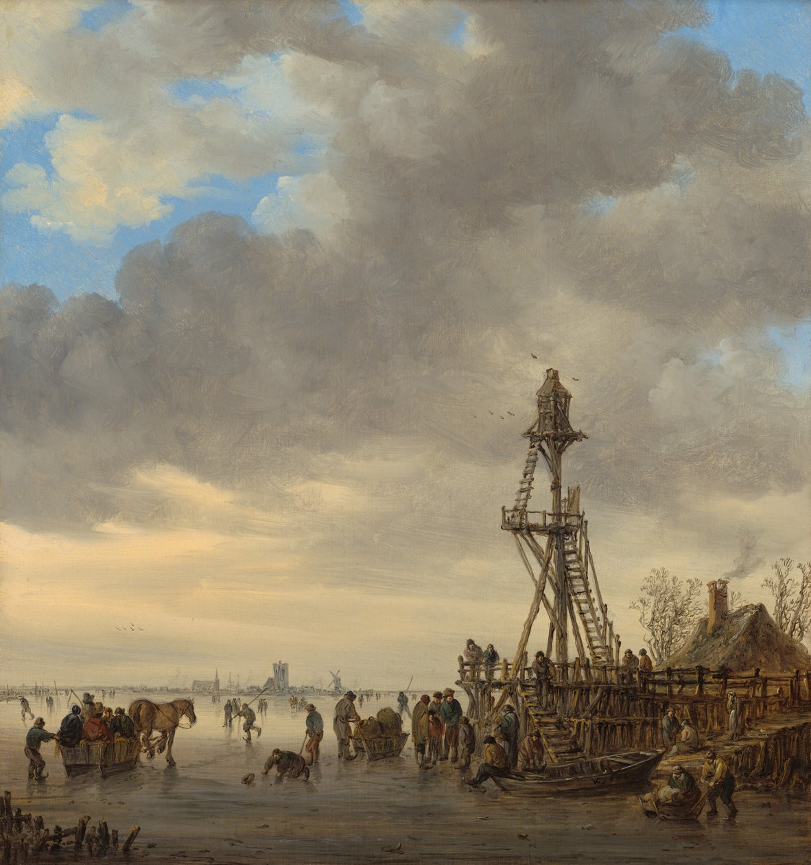 Téli táj befagyott tóval, korcsolyázókkal és fa kilátótoronnyal alkotó: Jan van Goyen