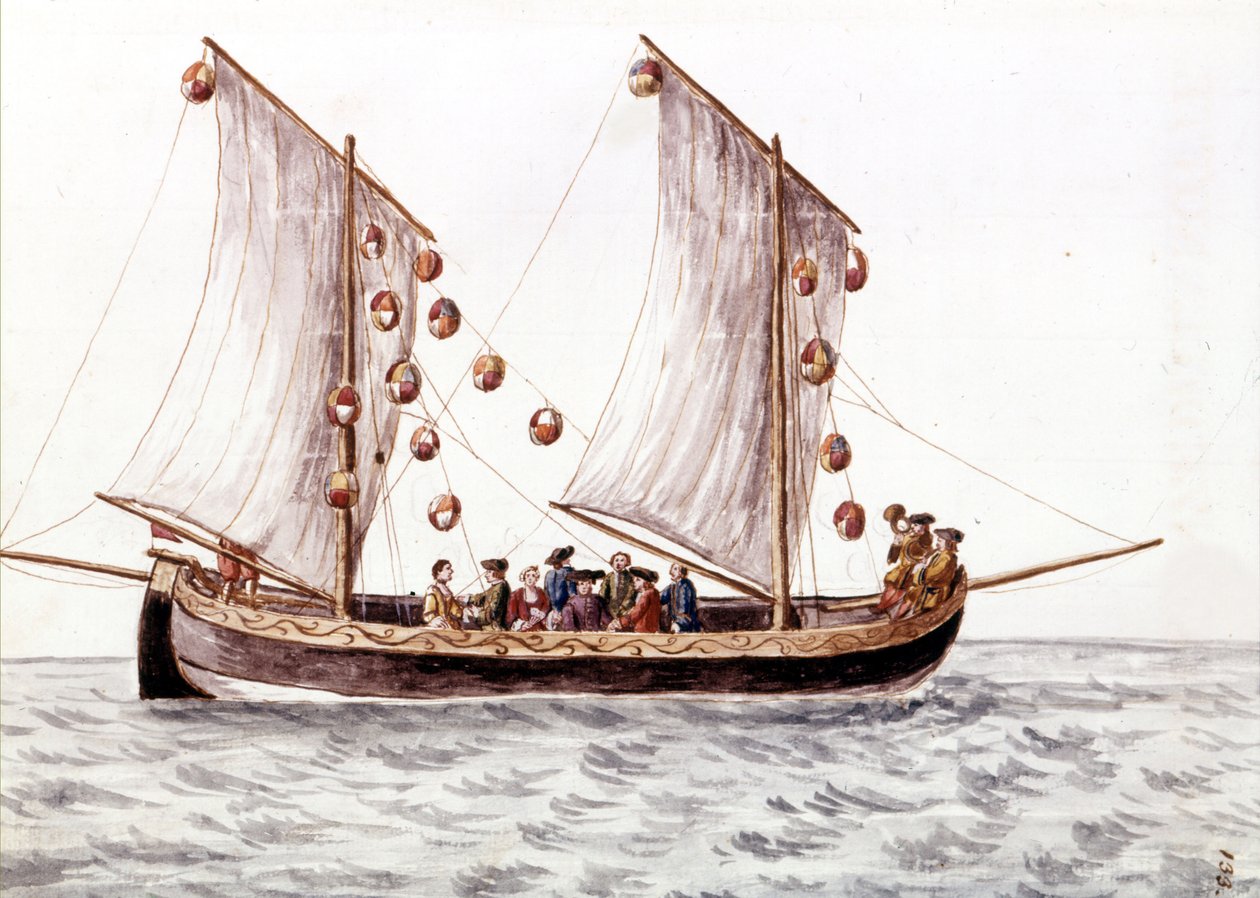 Egy velencei trabac lámpásokkal, sekély vizeken, például az Adrián használt halászhajóval, akvarell rajzzal és tintával Jan van Grevenbroeck (vagy Giovanni Grevembroch (Grevenbroch) (1731-1807) „A velencei szokások” című kéziratából alkotó: Jan van Grevenbroeck
