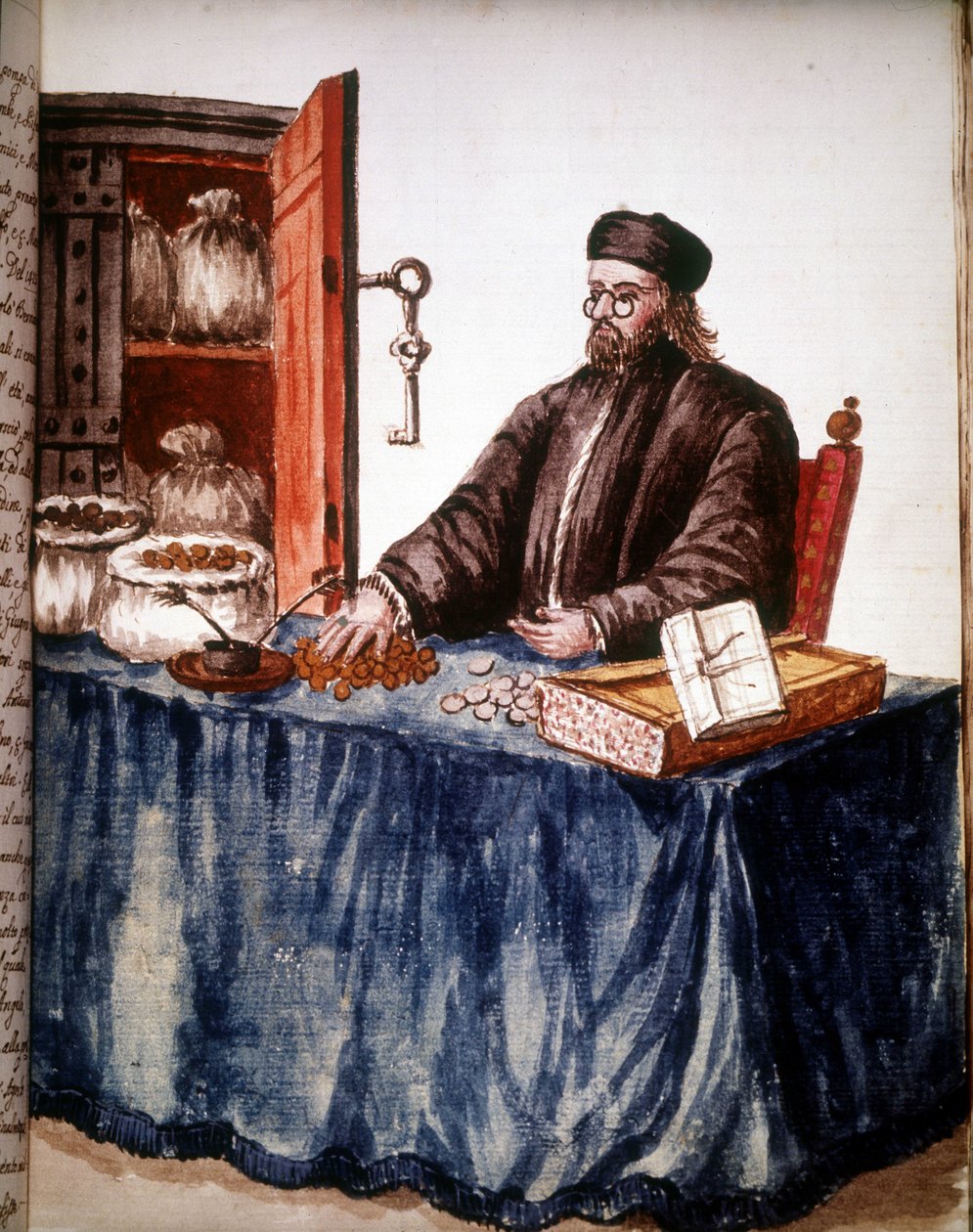 Bankár Velencében. Akvarell rajz és tus Jan van Grevenbroek (vagy Giovanni Grevenbroich (Grevenbroich) (1731-1807) „A velencei szokások” című kéziratából alkotó: Jan van Grevenbroeck