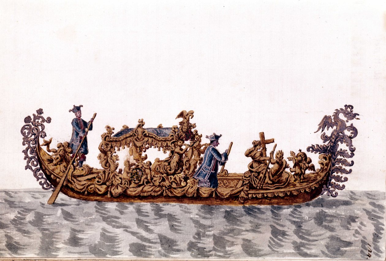 Egy királyi gondola. Akvarell rajz és tus Jan van Grevenbroek (vagy Giovanni Grevenbroich (Grevenbroich) (1731-1807) „A velencei szokások” című kéziratából alkotó: Jan van Grevenbroeck