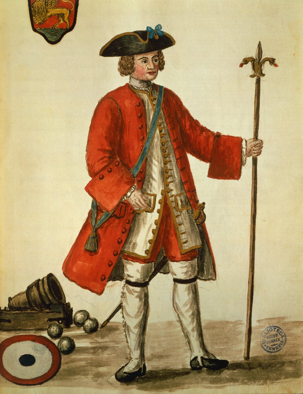 A velencei haditengerészet tüzérje egyenruhában, Giovanni di Grevembroch (1731-1807) Akvarell Venicens jelmezéből alkotó: Jan van Grevenbroeck