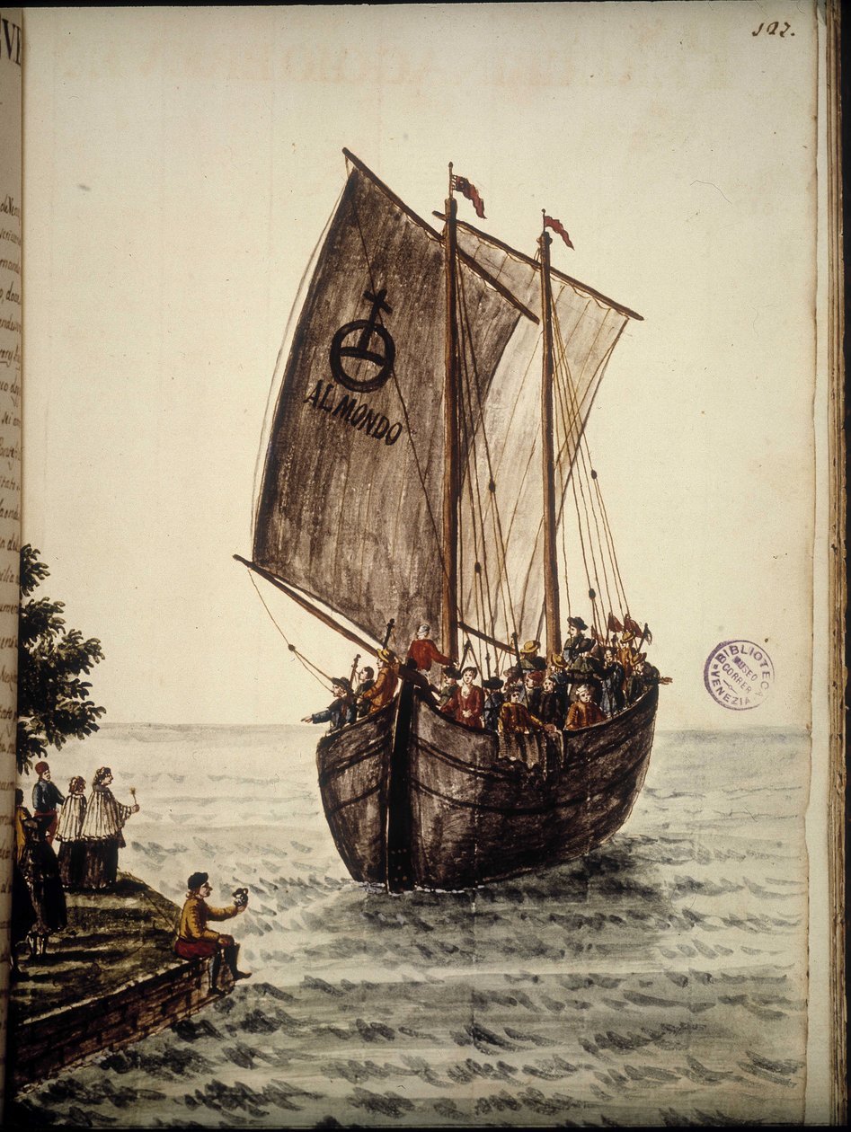 A zarándokok hajója. Akvarell rajz és tus Jan van Grevenbroek (vagy Giovanni Grevenbroich (Grevenbroich) (1731-1807) „A velencei szokások” című kéziratából alkotó: Jan van Grevenbroeck