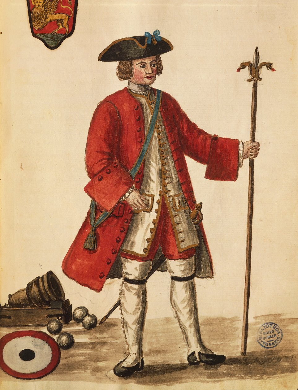 Bombista a velencei hajókról, Jan van Grevenbroeck vagy Giovanni Grevembroch (1731-1807), Gli Abiti de Veneziani, illusztrált jelmezkönyvből, akvarell alkotó: Jan van Grevenbroeck