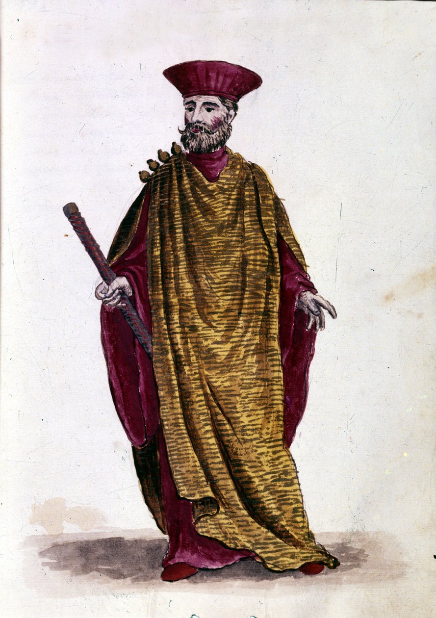 A tenger kapitánya: a Velencei Köztársaság Katonai Haditengerészetének tisztje. Akvarell rajz és tus Jan van Grevenbroeck (vagy Giovanni Grevembroch (Grevenbroch) (1731-1807) „A velencei szokások” című kéziratából alkotó: Jan van Grevenbroeck