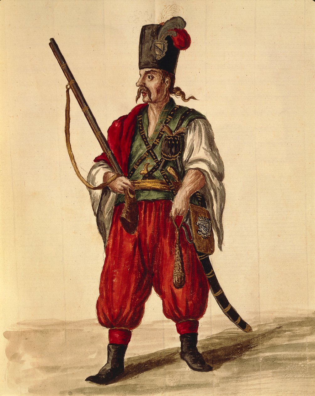 Karabiner egyenruha, Jan van Grevenbroeck vagy Giovanni Grevembroch (1731-1807), Gli Donne de Veneziani, illusztrált jelmezkönyvből, akvarell alkotó: Jan van Grevenbroeck