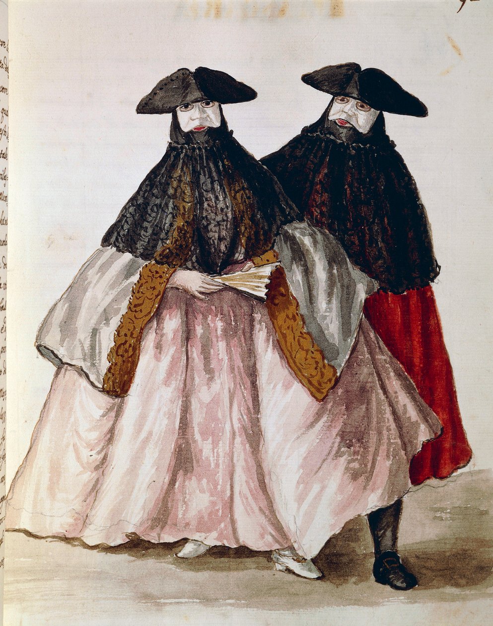 Karneváli szereplők Velencében, illusztráció a Velencei viseletek illusztrált könyvéből, Jan Grevenbroeck (1731-1807), akvarell, Olaszország alkotó: Jan van Grevenbroeck