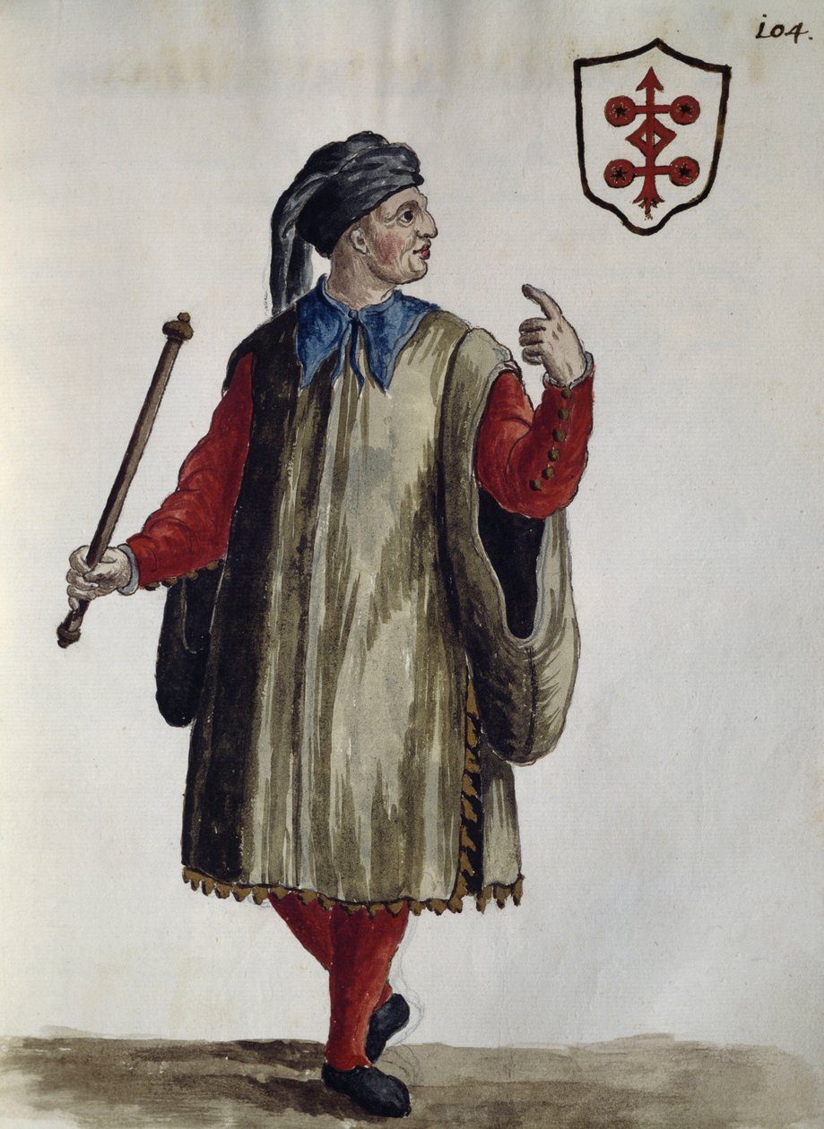 Carrarese ruha, akvarell A velencei ruhák, szinte minden korszakból, szorgalmasan összegyűjtve és megfestve a 18. században, Jan van Grevenbroeck vagy Giovanni Grevembroch (1731-1807), Itália alkotó: Jan van Grevenbroeck