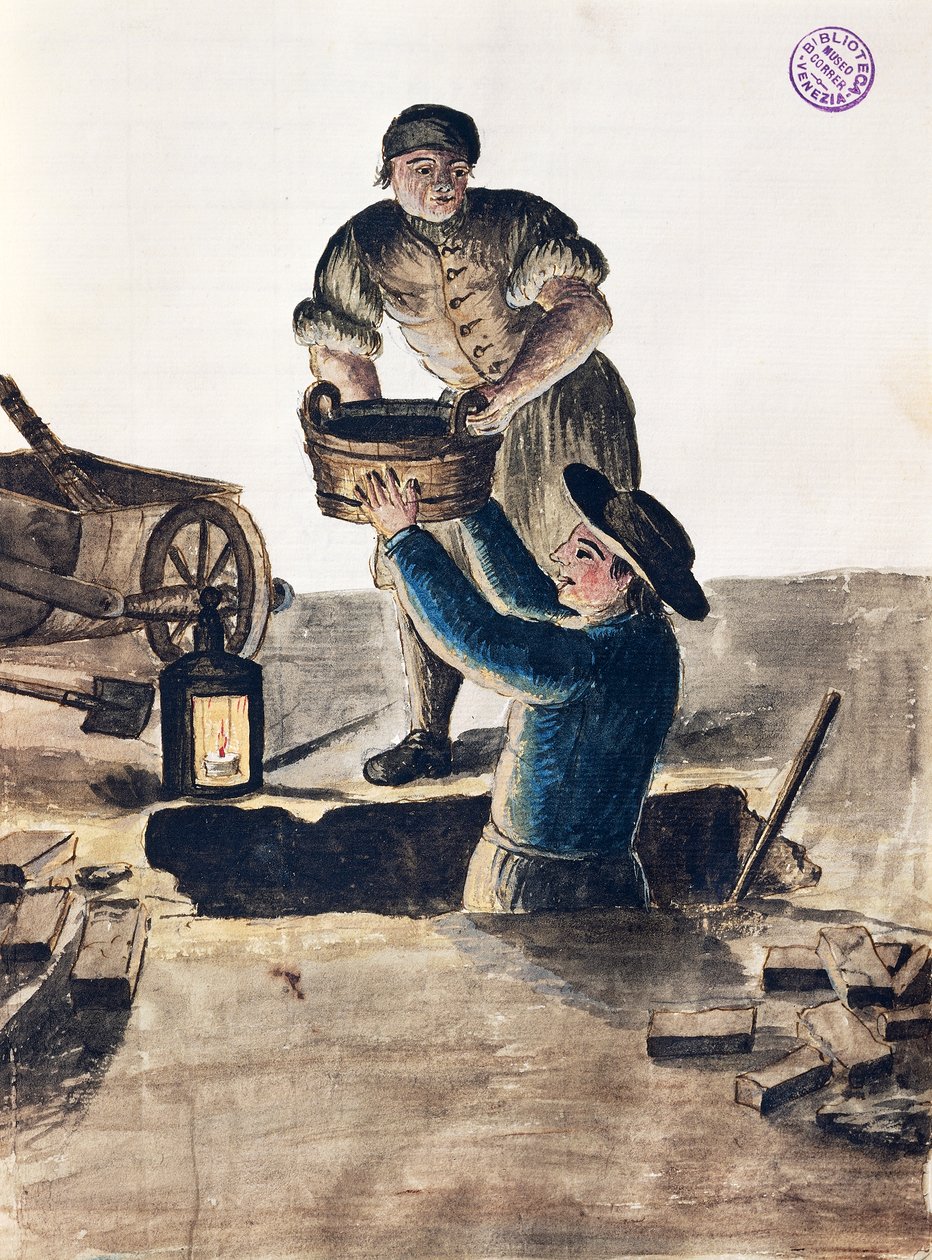 Közcsatorna tisztítása, illusztráció a Velencei viseletek illusztrált könyvéből, Jan Grevenbroeck (1731-1807), akvarell, Olaszország alkotó: Jan van Grevenbroeck