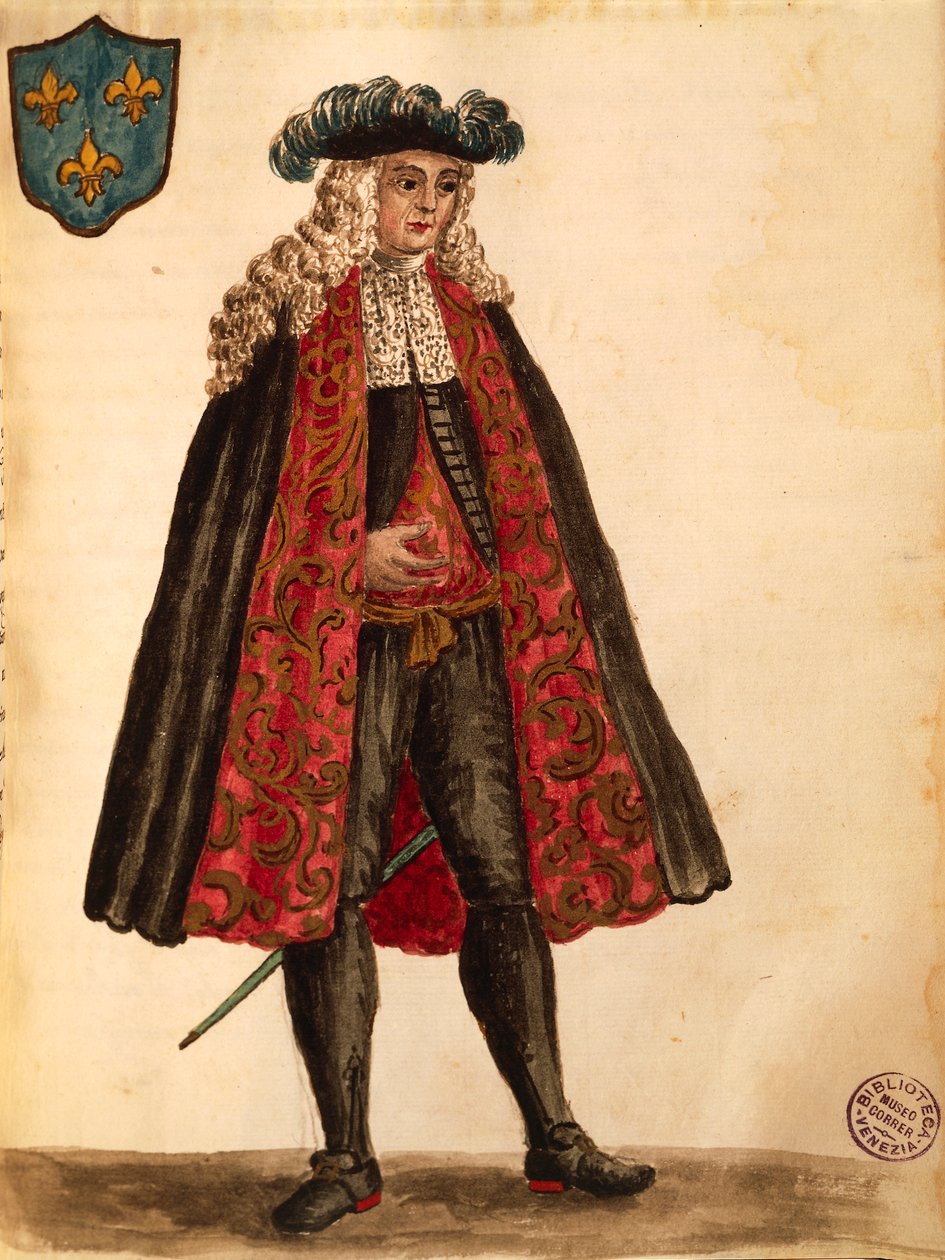 Francia nagykövet, Jan van Grevenbroeck vagy Giovanni Grevembroch (1731-1807), Gli Abiti de Veneziani, illusztrált jelmezkönyvből, akvarell alkotó: Jan van Grevenbroeck