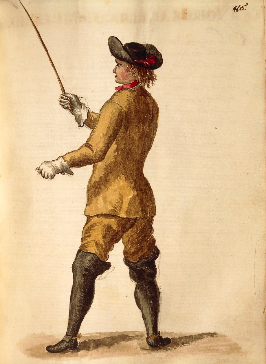 Lovaglóruhás úriember, Jan van Grevenbroeck vagy Giovanni Grevembroch (1731-1807), Gli Donne de Veneziani, illusztrált jelmezkönyvből, akvarell alkotó: Jan van Grevenbroeck