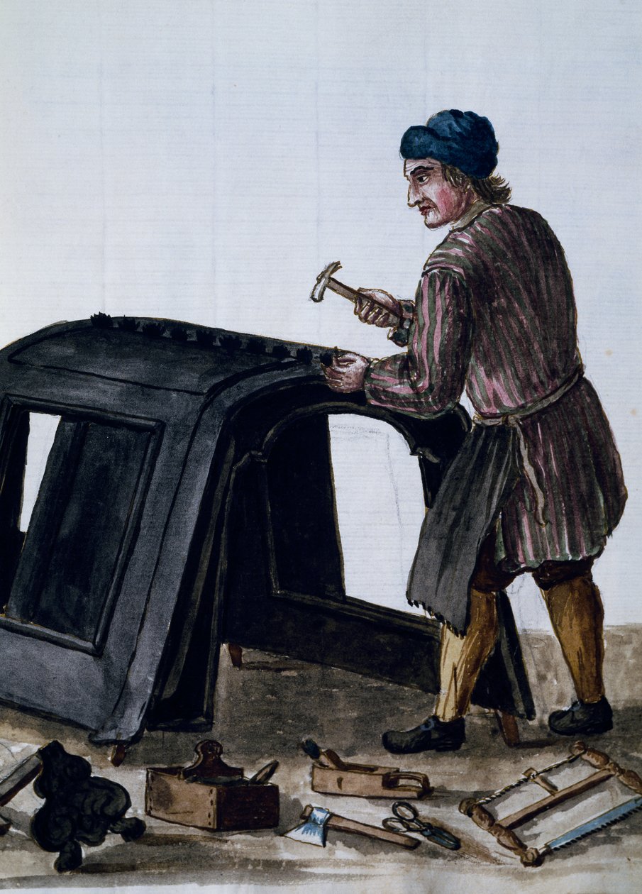 Gondolaépítők, Jan van Grevenbroeck (1731-1807) illusztrációja a Velenceiek ruhája kéziratból, Olaszország alkotó: Jan van Grevenbroeck