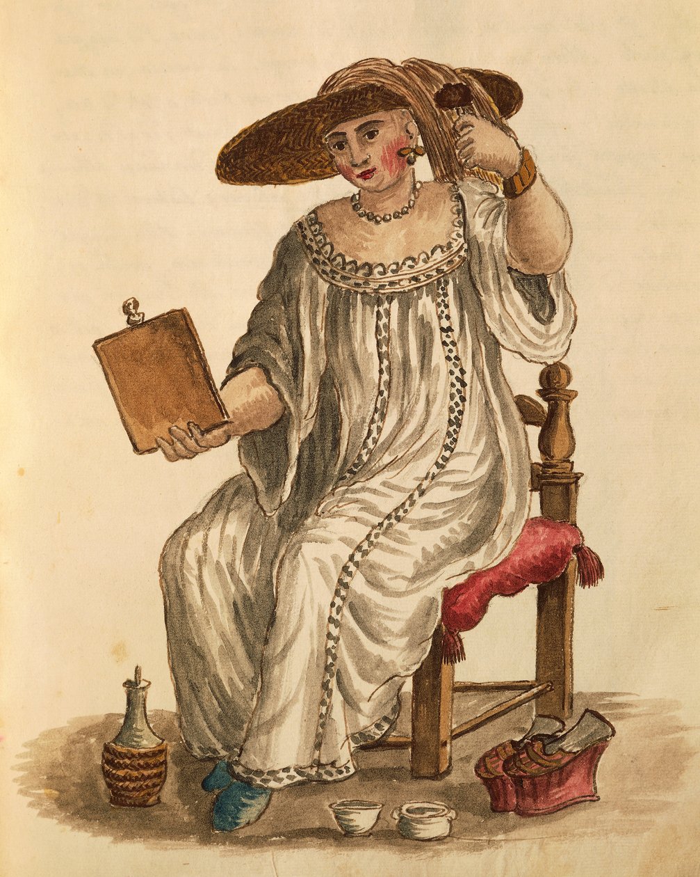 Sminkelő hölgy, Jan van Grevenbroeck vagy Giovanni Grevembroch (1731-1807), Gli Abiti de Veneziani, illusztrált jelmezkönyvből, akvarell alkotó: Jan van Grevenbroeck