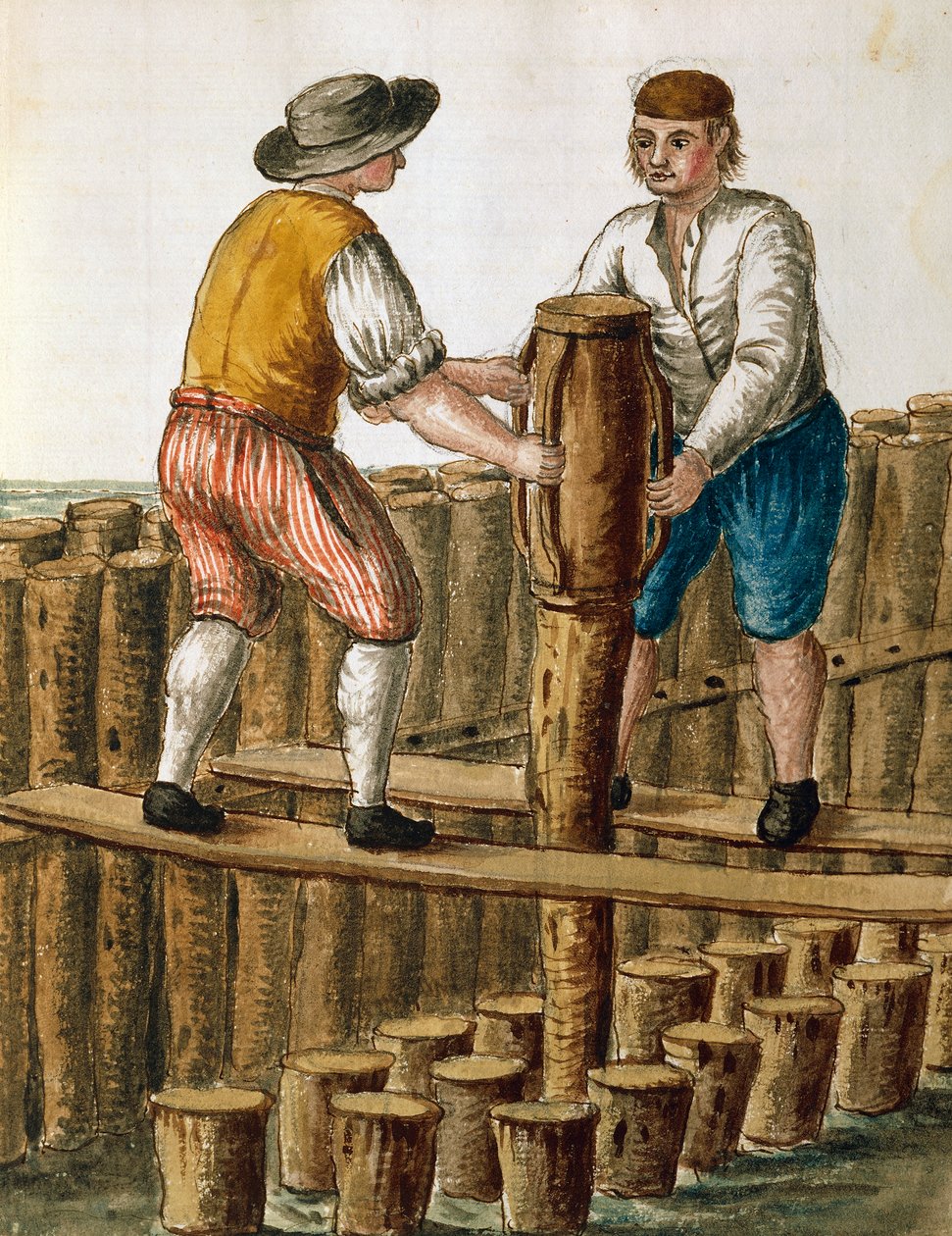 A velencei lagúna alapozása, Jan van Grevenbroeck (1731-1807) illusztrációja a Velenceiek ruhája kéziratból, Olaszország alkotó: Jan van Grevenbroeck