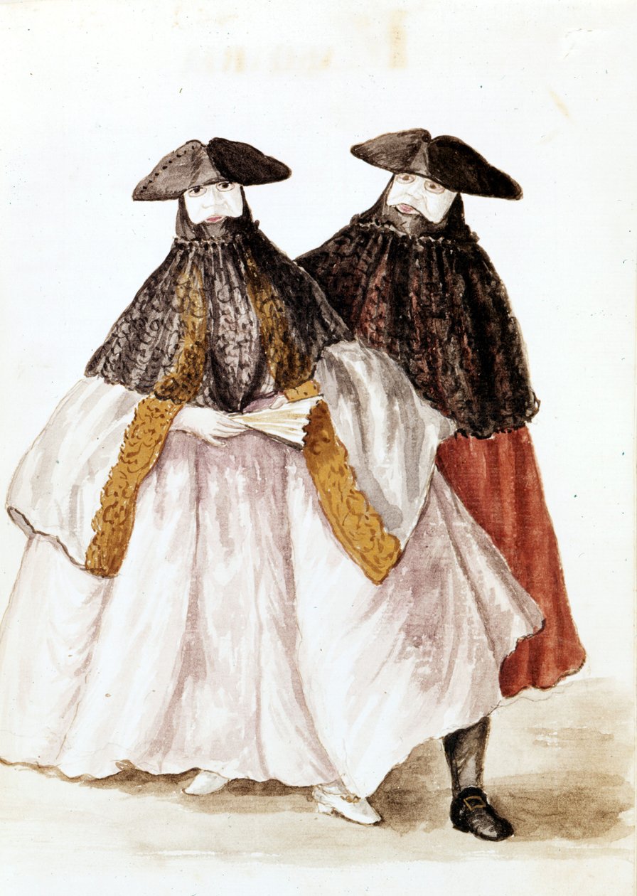 Maszkok a velencei karneválról. Akvarell rajz és tus Jan van Grevenbroek (vagy Giovanni Grevenbroich (Grevenbroich) (1731-1807) „A velencei szokások” című kéziratából alkotó: Jan van Grevenbroeck