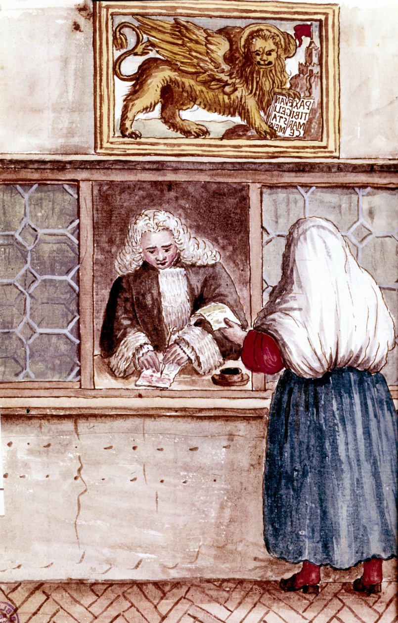 Zálogház. A kegyesség hegye Velencében. Akvarell rajz és tus Jan van Grevenbroeck (vagy Giovanni Grevembroch (Grevenbroch) (1731-1807) „A velencei szokások” című kéziratából alkotó: Jan van Grevenbroeck