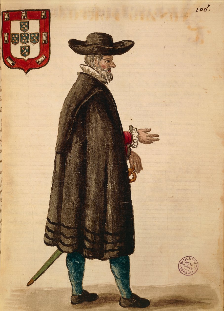 Portugál nagykövet, Jan van Grevenbroeck vagy Giovanni Grevembroch (1731-1807), Gli Donne de Veneziani, illusztrált jelmezkönyvből, akvarell alkotó: Jan van Grevenbroeck
