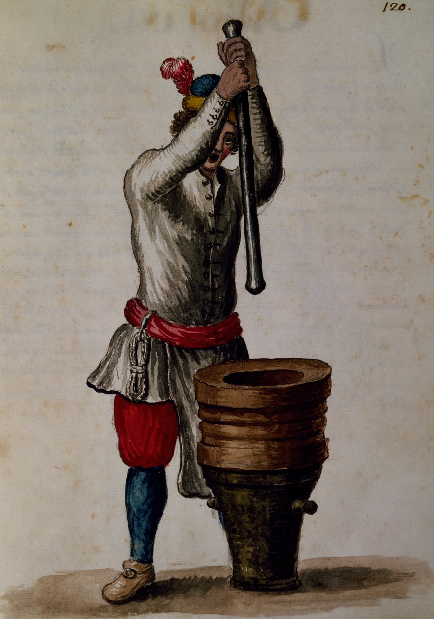Melasz (méreg ellenszer) feldolgozása a Velencei viseletek illusztrált könyvéből (toll és tinta akvarellel papíron) alkotó: Jan van Grevenbroeck