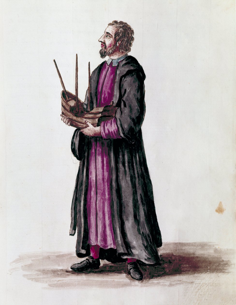 Egy haditengerészeti építész ábrázolásaként az általa épített hajó miniatűr makettjét tartotta a kezében Detail. Akvarell rajz és tus Jan van Grevenbroeck (vagy Giovanni Grevembroch (Grevenbroch) (1731-1807) „A velencei szokások” című kéziratából alkotó: Jan van Grevenbroeck