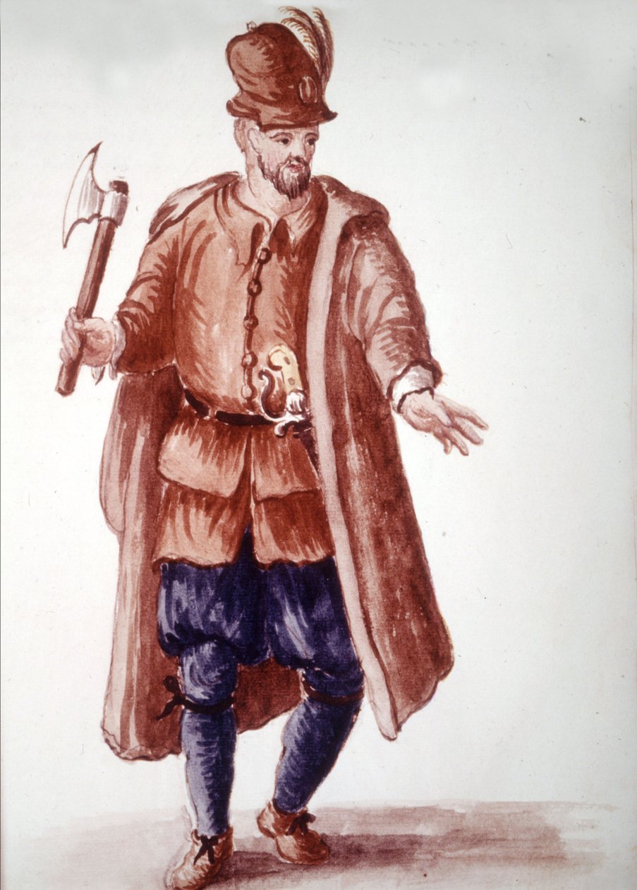 Scapolo di galéa: Fizetett evezős a gályákon a 18. században. Akvarell rajz és tus Jan van Grevenbroeck (vagy Giovanni Grevembroch (Grevenbroch) (1731-1807) „A velencei szokások” című kéziratából alkotó: Jan van Grevenbroeck