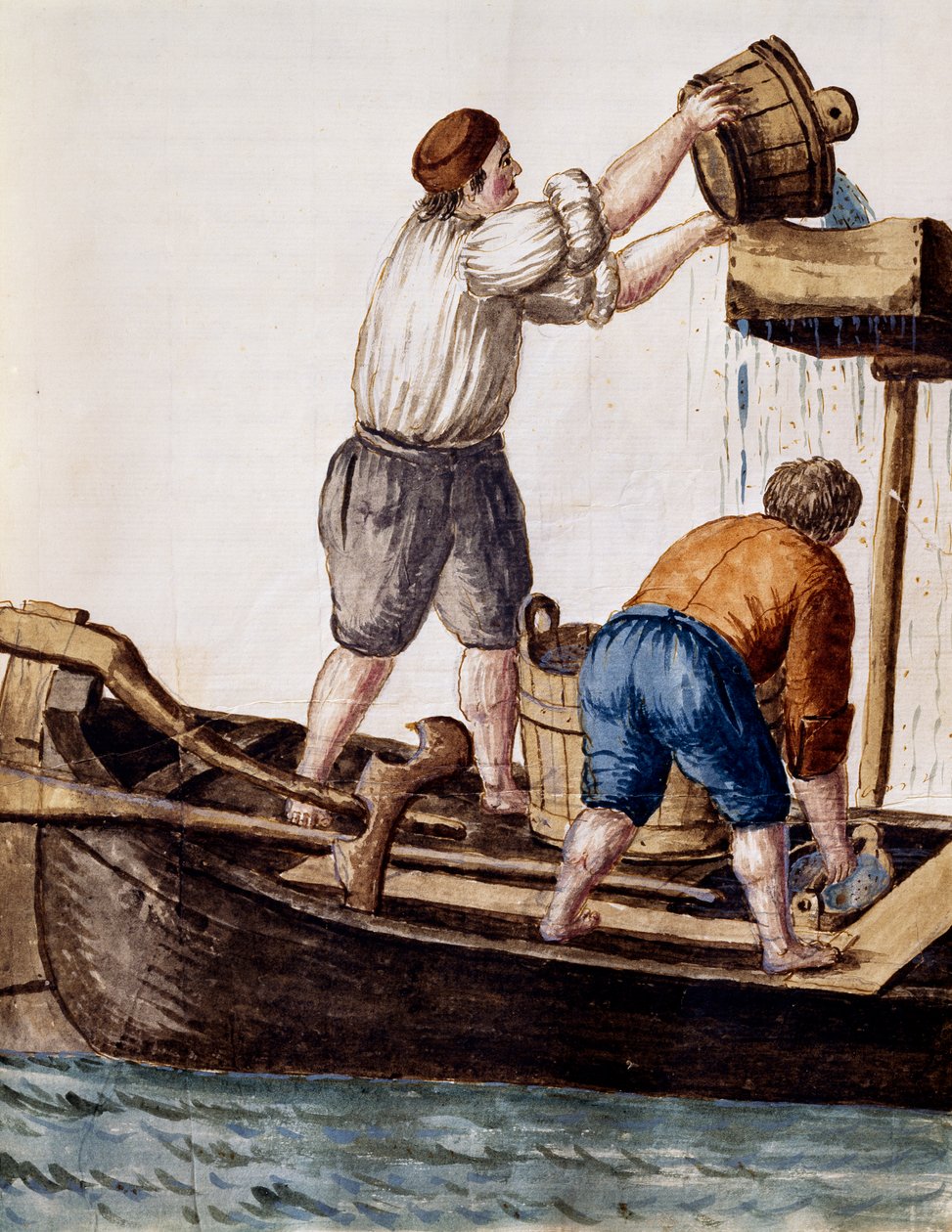 Szitálás a csatorna vizében az elveszett tárgyak után kutatva, illusztráció a Velencei viseletek illusztrált könyvéből, Jan Grevenbroek (1731-1807), akvarell, Olaszország alkotó: Jan van Grevenbroeck