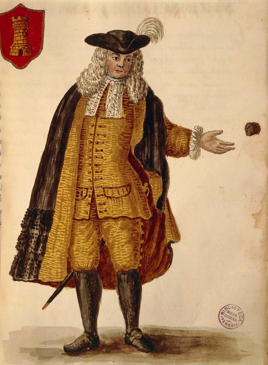 Spanyol nagykövet, Jan van Grevenbroeck vagy Giovanni Grevembroch (1731-1807), Gli Abiti de Veneziani, illusztrált jelmezkönyvből, akvarell alkotó: Jan van Grevenbroeck