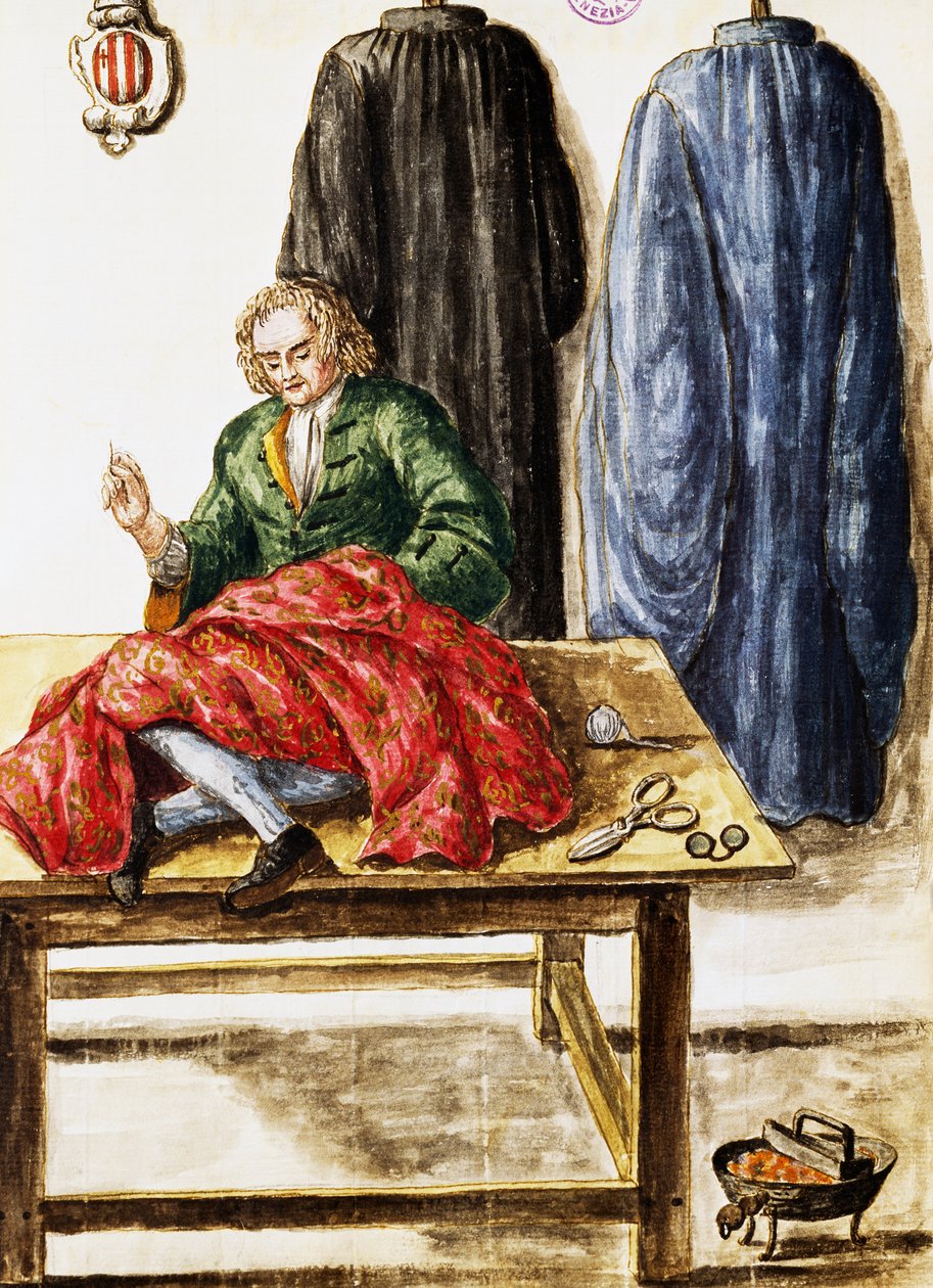 Szabóműhely, illusztráció: Jan van Grevenbroeck (1731-1807) a Velenceiek ruhája kéziratból, Olaszország alkotó: Jan van Grevenbroeck