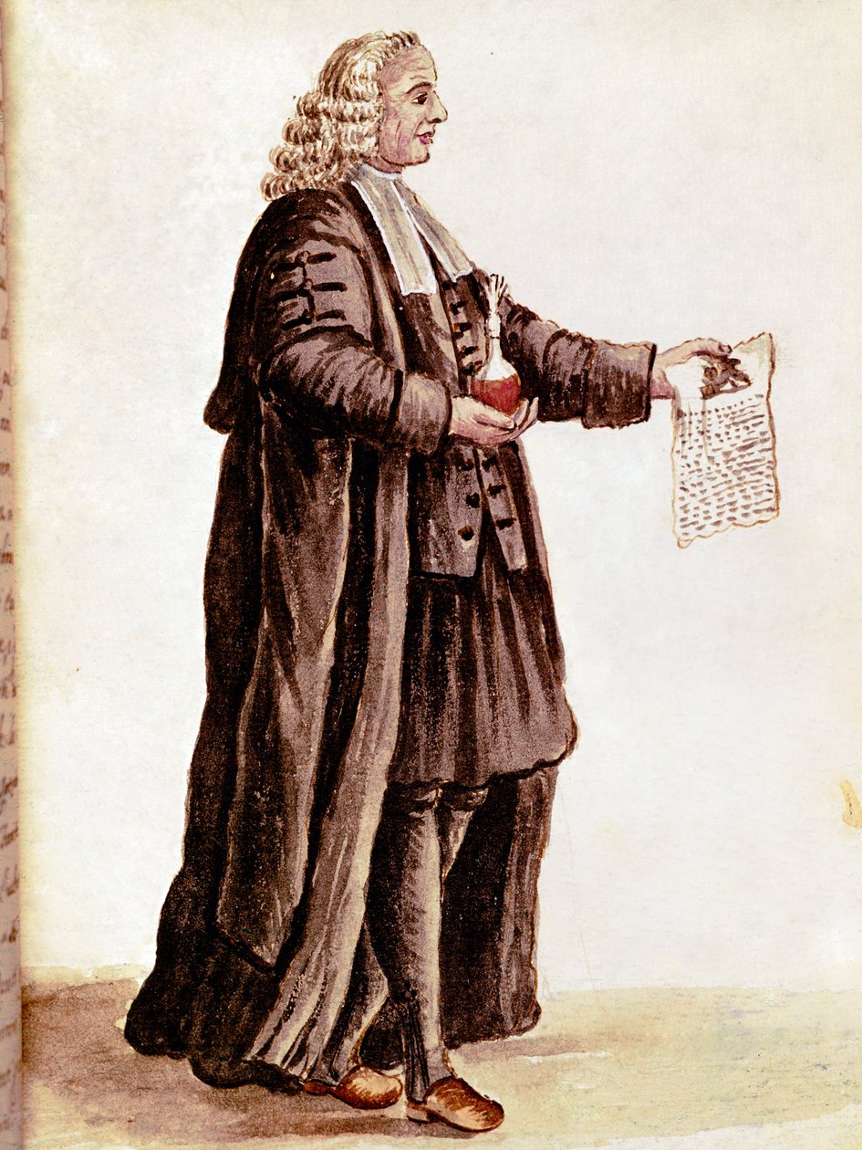 A patikus, aki egy kis fiolát és egy receptet tart a kezében. Akvarell és tinta rajzolása Jan van Grevenbroek (vagy Giovanni Grevenbroich (Grevenbroich) (1731-1807) kéziratából) alkotó: Jan van Grevenbroeck