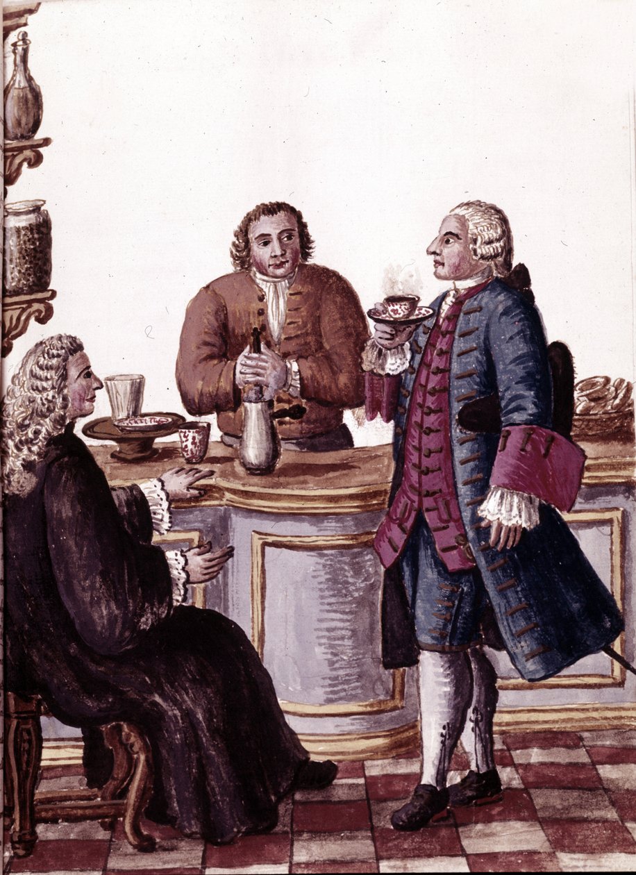 Velencei nemesek kávéznak, egyikük csokit fogyaszt. Akvarell rajz és tus Jan van Grevenbroeck (vagy Giovanni Grevembroch (Grevenbroch) „Velencei szokások” című kéziratából) alkotó: Jan van Grevenbroeck