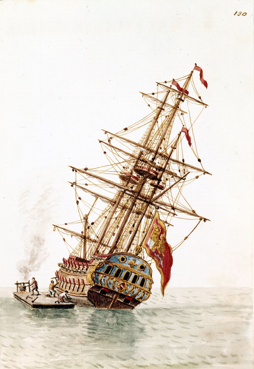 A velencei hajót lelőtték a hajótestben, hogy javítsák. Akvarell rajz és tus Jan van Grevenbroeck (vagy Giovanni Grevembroch (Grevenbroch) (1731-1807) „A velencei szokások” című kéziratából alkotó: Jan van Grevenbroeck