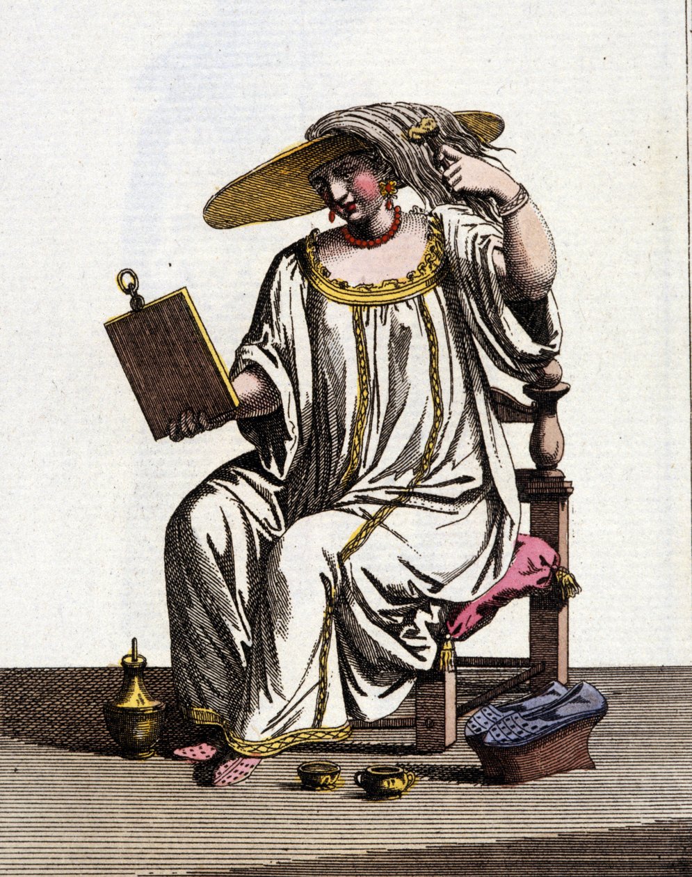 Velencei nők módszere a haj világosítására a napon a 17-18. században. Akvarell rajz és tus Jan van Grevenbroeck (vagy Giovanni Grevembroch (Grevenbroch) (1731-1807) „A velencei szokások” című kéziratából alkotó: Jan van Grevenbroeck