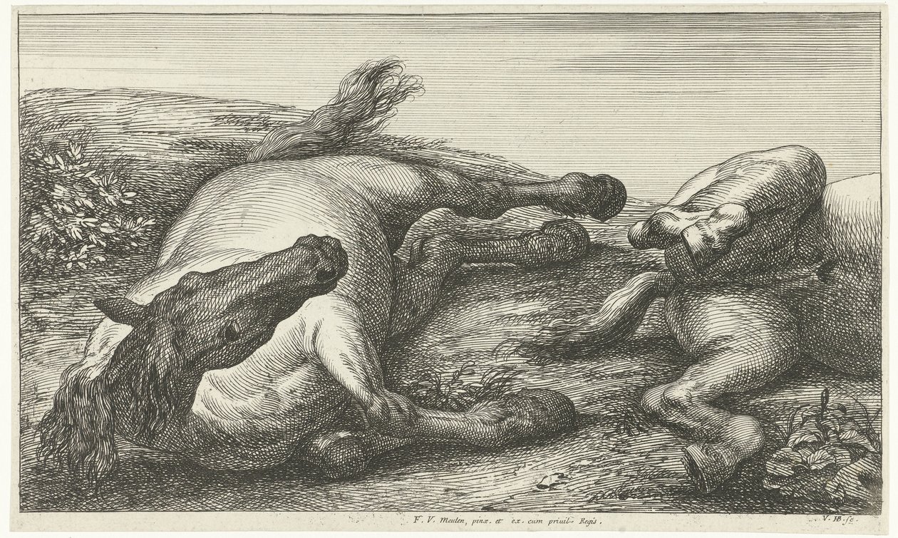 Két elesett ló, a bal oldali szemből nézve Dead Horses (sorozat címe) alkotó: Jan van Huchtenburg