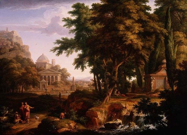 Árkádiai táj Szent Péterrel és Szent Jánossal, akik gyógyítják a nyomorékot, 1724-25 (68871-es pár) alkotó: Jan van Huysum