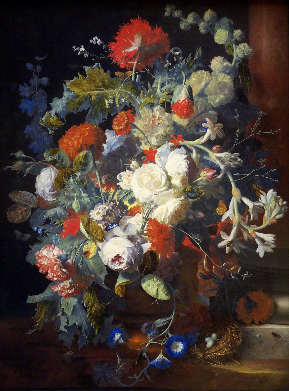 Virágcsokor egy oszlopnál – Jan van Huysum (1682-1749). Olaj, fa, 18. század első fele. Mérete: 80,2x60,3 cm. Művészettörténeti Múzeum, Vienne alkotó: Jan van Huysum