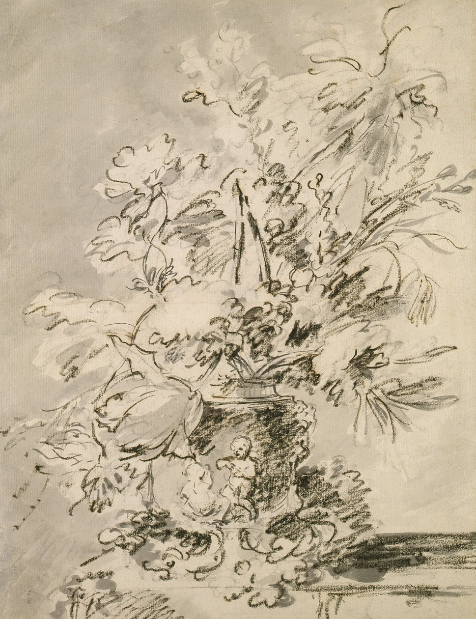 Virágok urnában (faszén és indiai tinta papíron) alkotó: Jan van Huysum