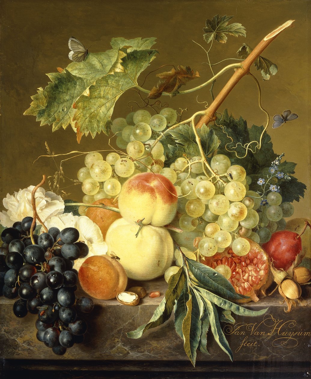 Gyümölcs, mogyoró és hollyhocks márványpárkányon, alkotó: Jan van Huysum