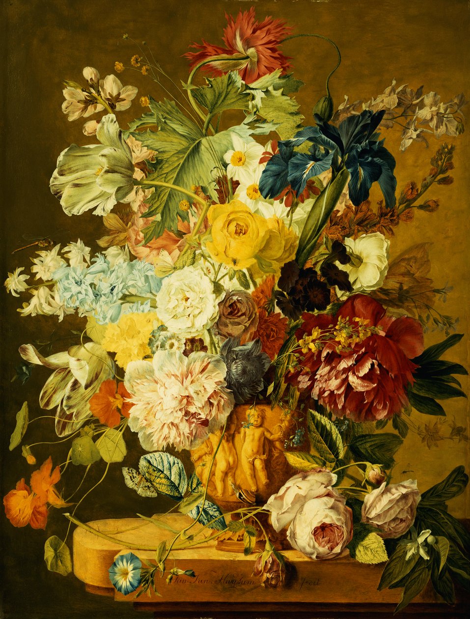 Rózsa, bazsarózsa, tulipán, Morning Glory, írisz, Columbine, mák, Jonquils és más virágok faragott urnában a kőpárkányon alkotó: Jan van Huysum