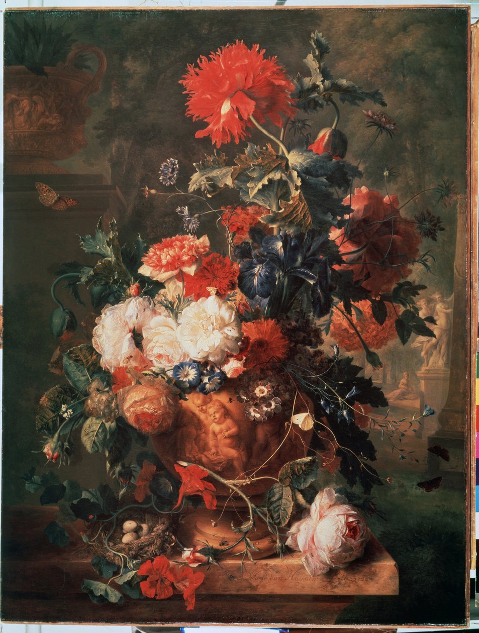 ""Virágcsokor"" (Virágok) Szintén egy fészek tojásokkal és rovarokkal (beleértve a pillangót, legyet, hangyát és katicát) Jan van Huysums festménye (1682-1749) 1722 Ermitázs Múzeum Szentpétervár alkotó: Jan van Huysums