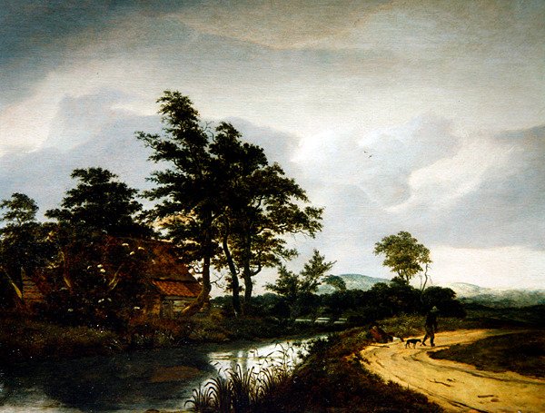 Folyói táj kunyhóval, két paraszttal és kutyájukkal (olaj a panelen) alkotó: Jan van III Kessel