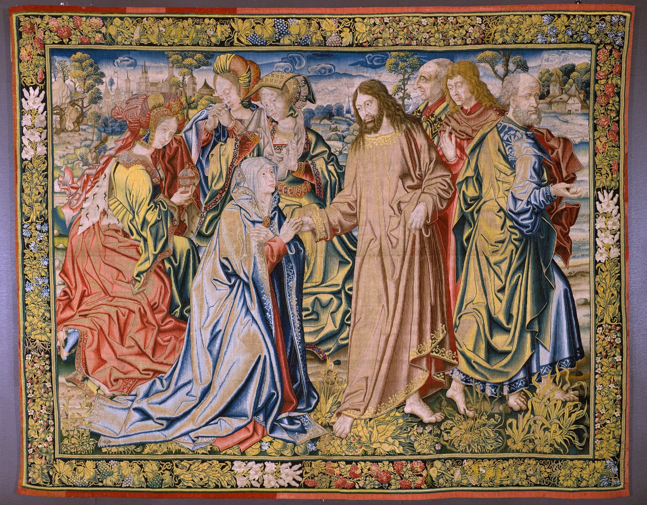 Flamand kárpit. Sorozat V. Károly mennyországa Krisztus búcsúzik anyjától (Despedida de Cristo/Christ elbúcsúzik anyjától). Jan van Coninxloo karikaturista. Julien Portois gyártása, Mechelen (Malines). 1521 körül. alkotó: Jan van II Coninxloo
