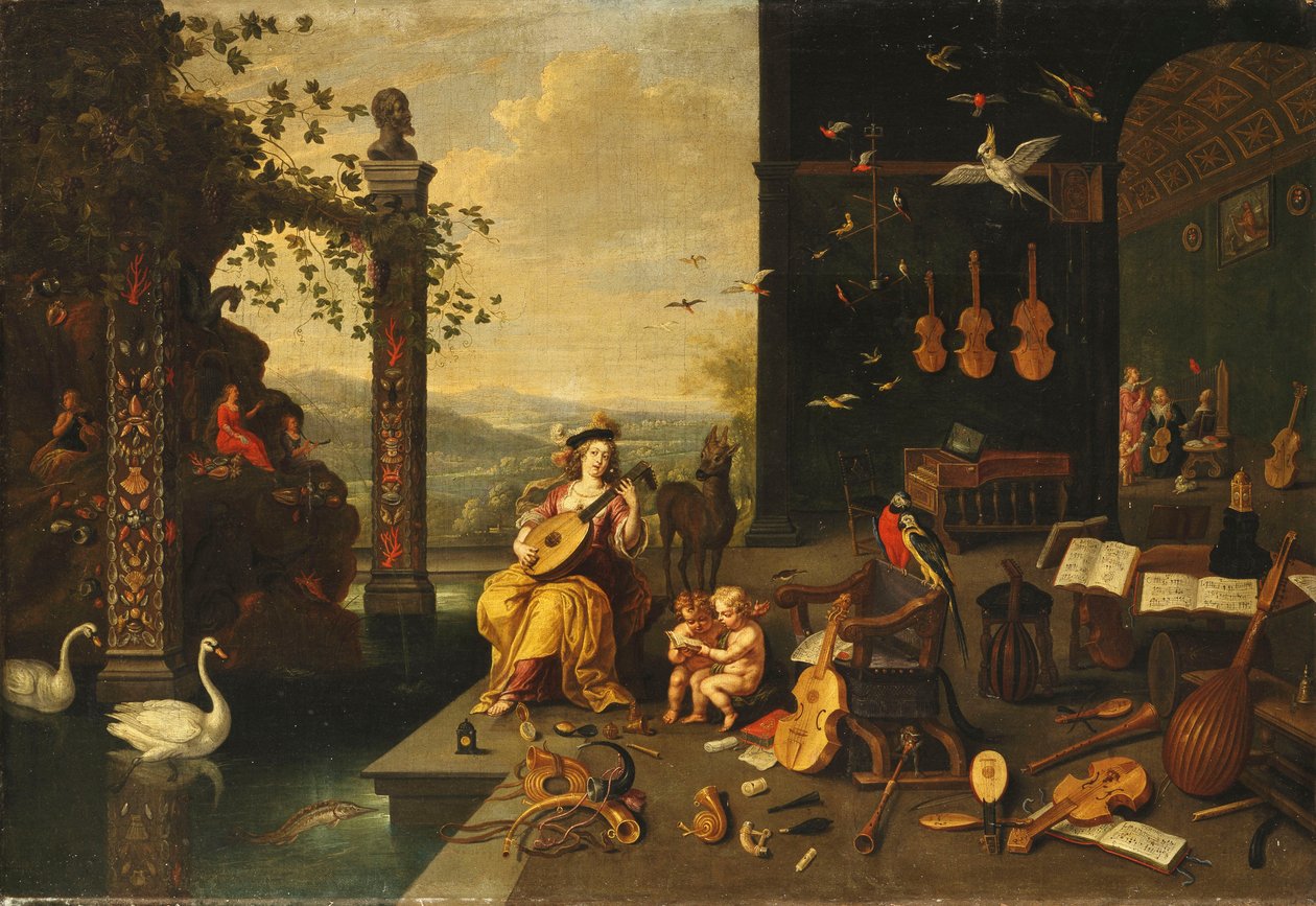 A zene megszemélyesítése: Egy fiatal nő lantozni játszik a teraszon egy nyitott galéria előtt alkotó: Jan van Kessel