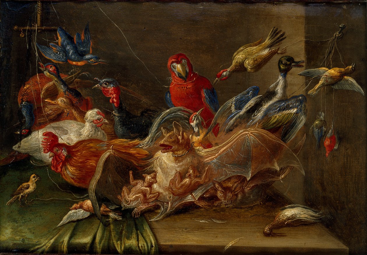Dekoratív csendélet kompozíció madarakkal és két denevérrel, 17. század közepe alkotó: Jan van Kessel