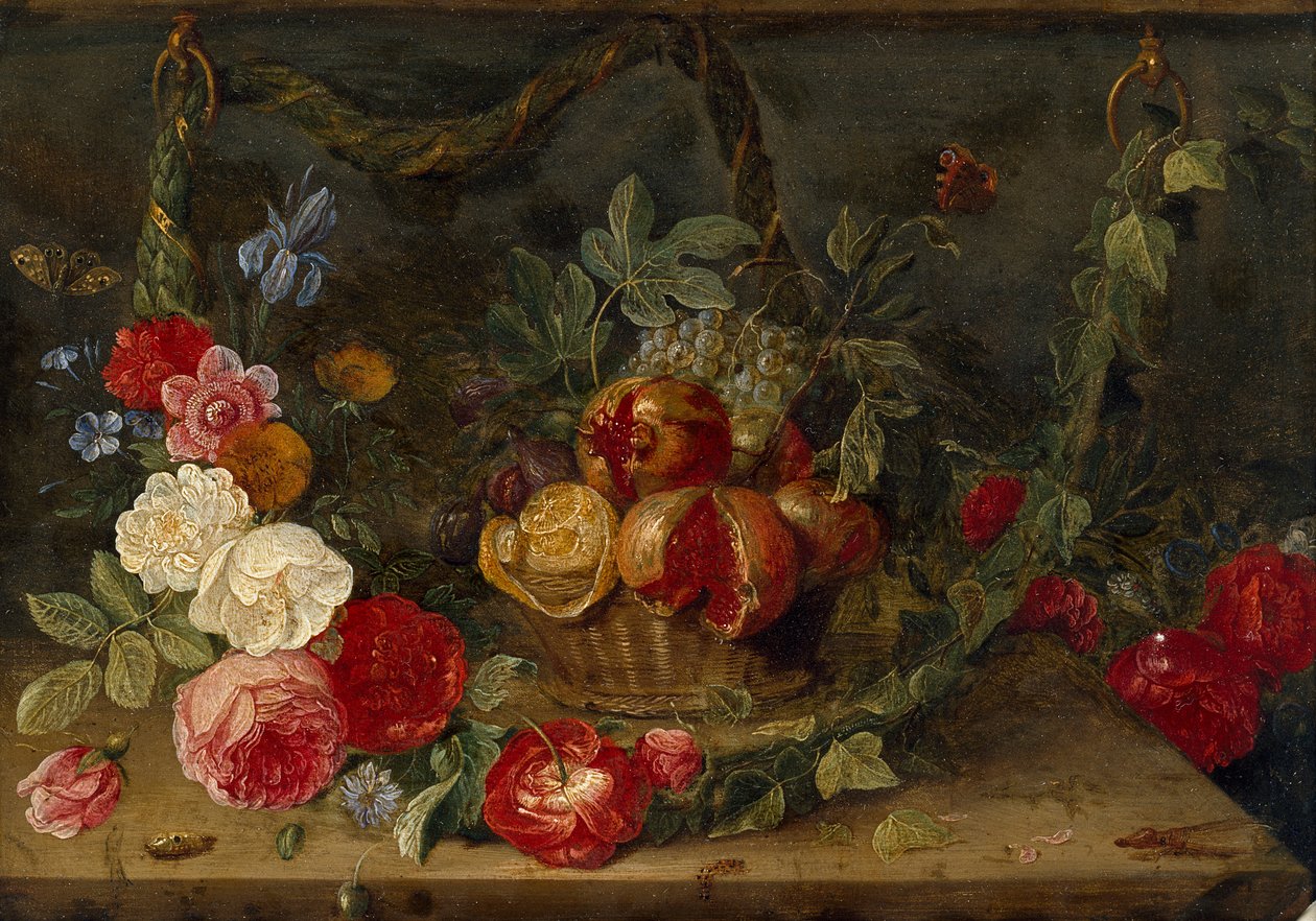 Dekoratív csendélet kompozíció gyümölcskosárral, 17. század közepe alkotó: Jan van Kessel