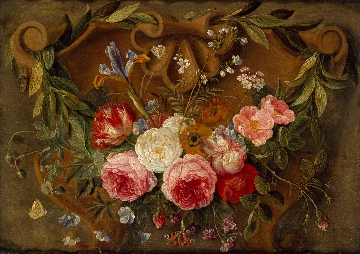 Dekoratív csendélet kompozíció virágfüzérrel, 17. század közepe alkotó: Jan van Kessel