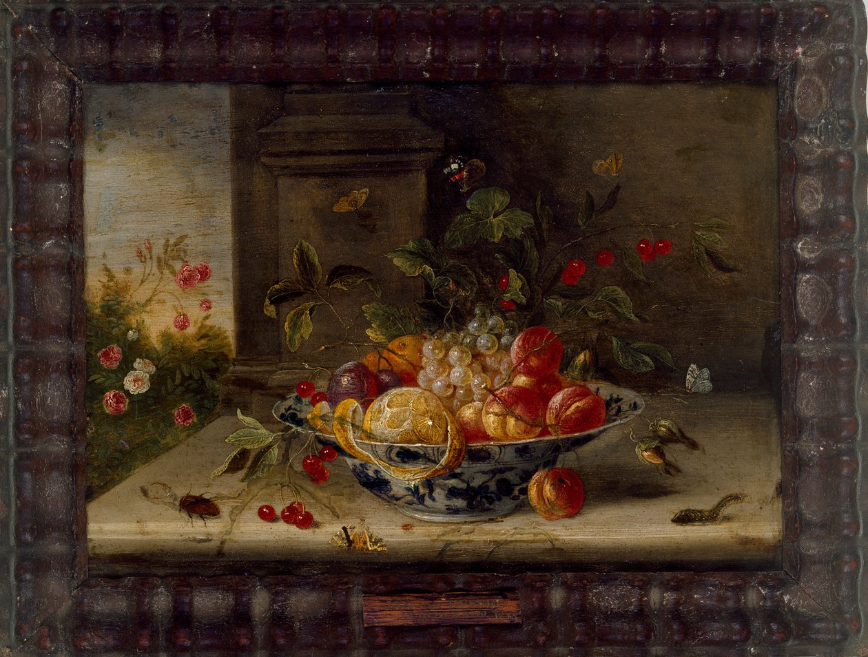 Dekoratív csendélet kompozíció porcelán tálkával, gyümölccsel és rovarokkal, 17. század közepe alkotó: Jan van Kessel